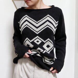 90s Knit Black Sweater w/ Geometric Zigzag Diamond Pattern by Ralph Lauren